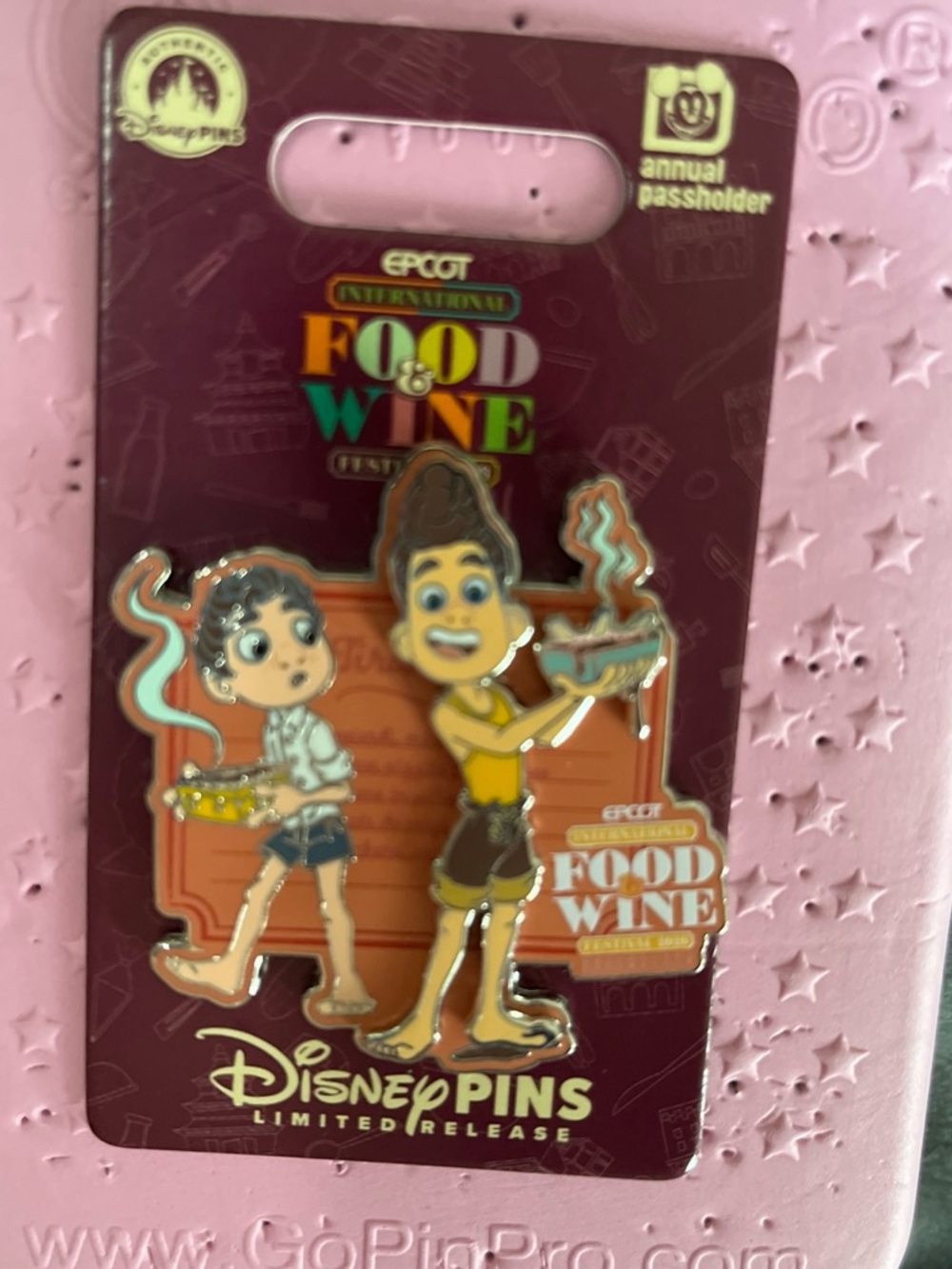 Luca Disney Pin featuring two animated Annual Passholder 26 Food and wine LR